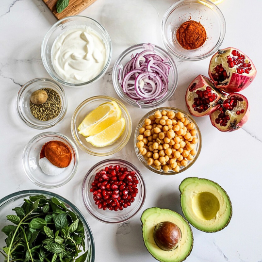 Avocado Chickpea Chaat prep ingredients