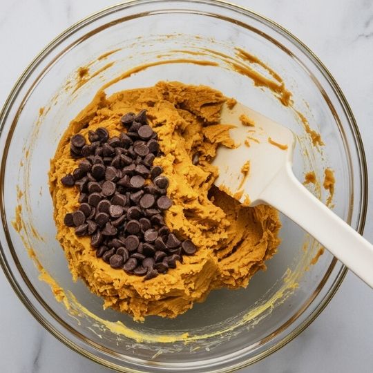 fold in choco chips to make pumpkin cookies