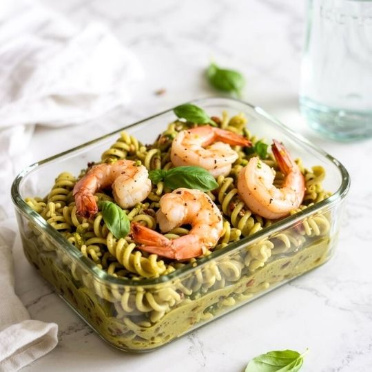 Pistachio Pesto Pasta with Shrimp pack for lunch
