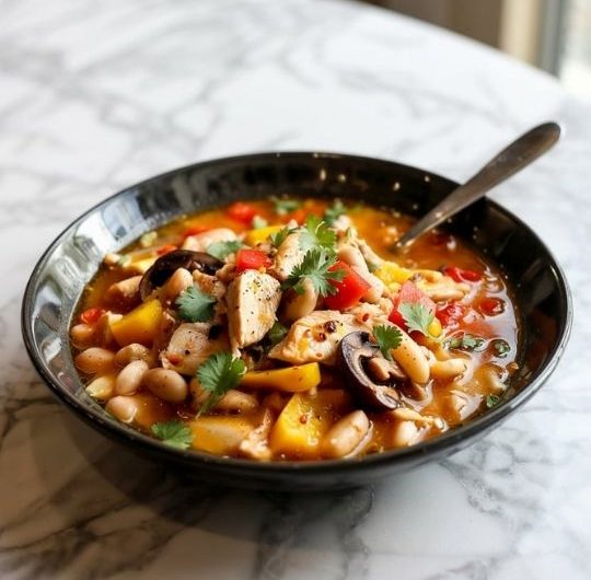 Hearty Chicken, White Bean, and Mushroom Chili