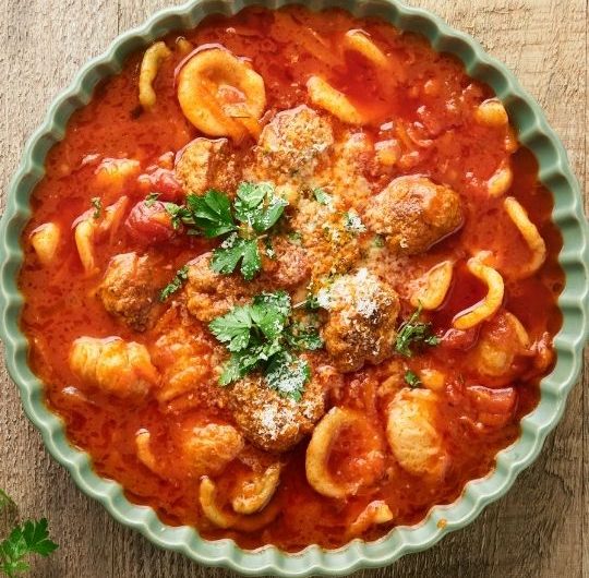 Fresh Tomato Soup with Meatballs and Orecchiette Pasta
